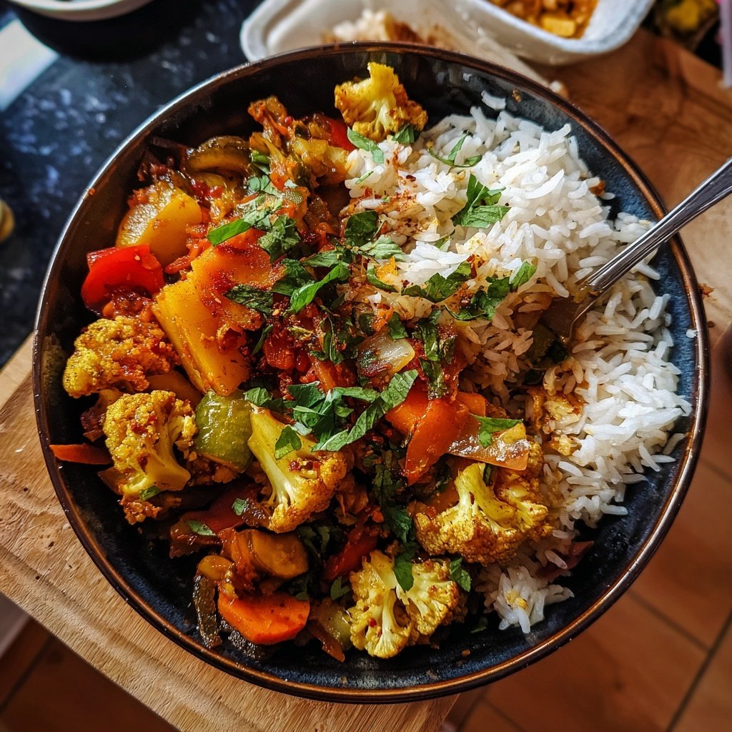 Mittagessen mit Gemüsepfanne und Reis